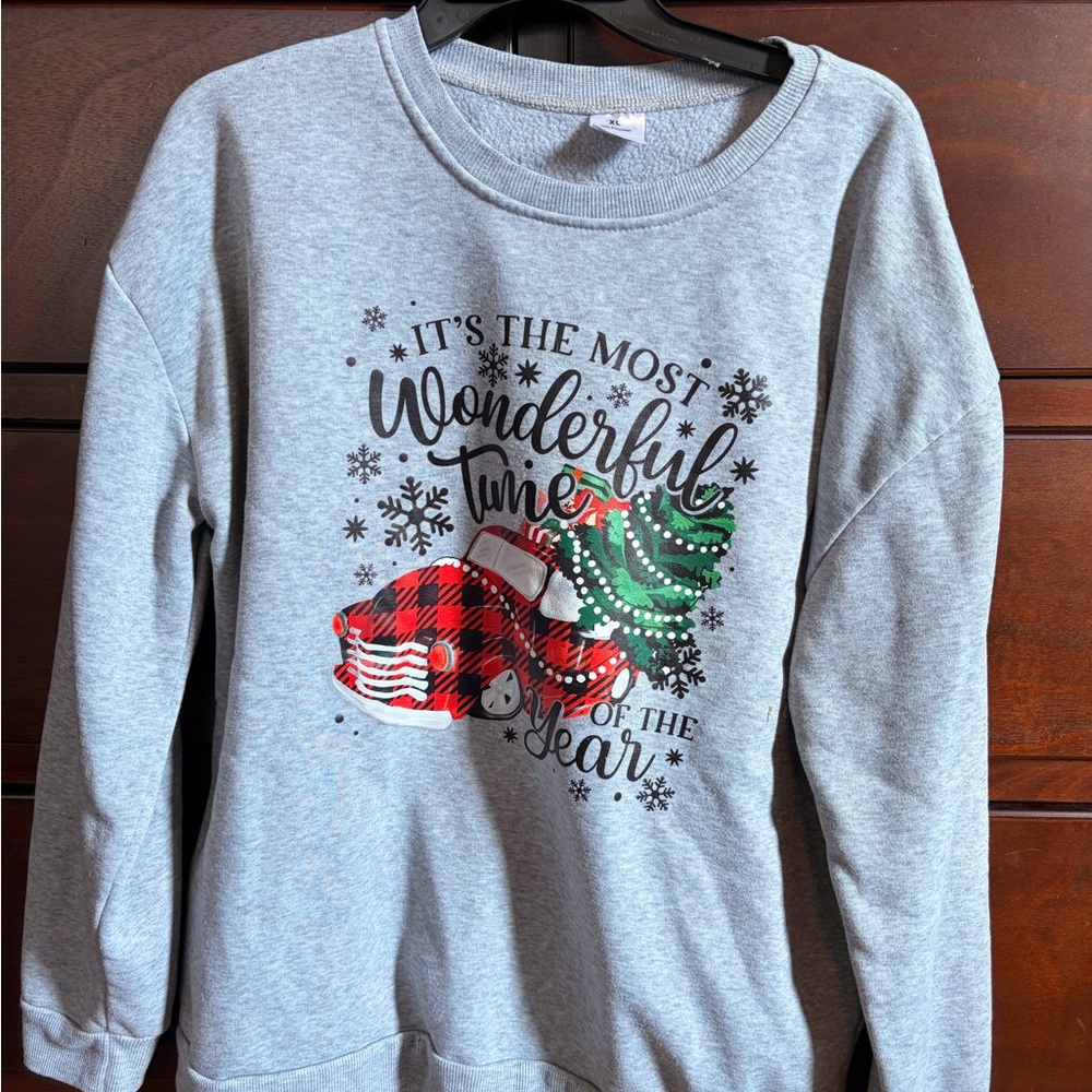 SHEIN Gray Festive Sweater with Red and Green Design